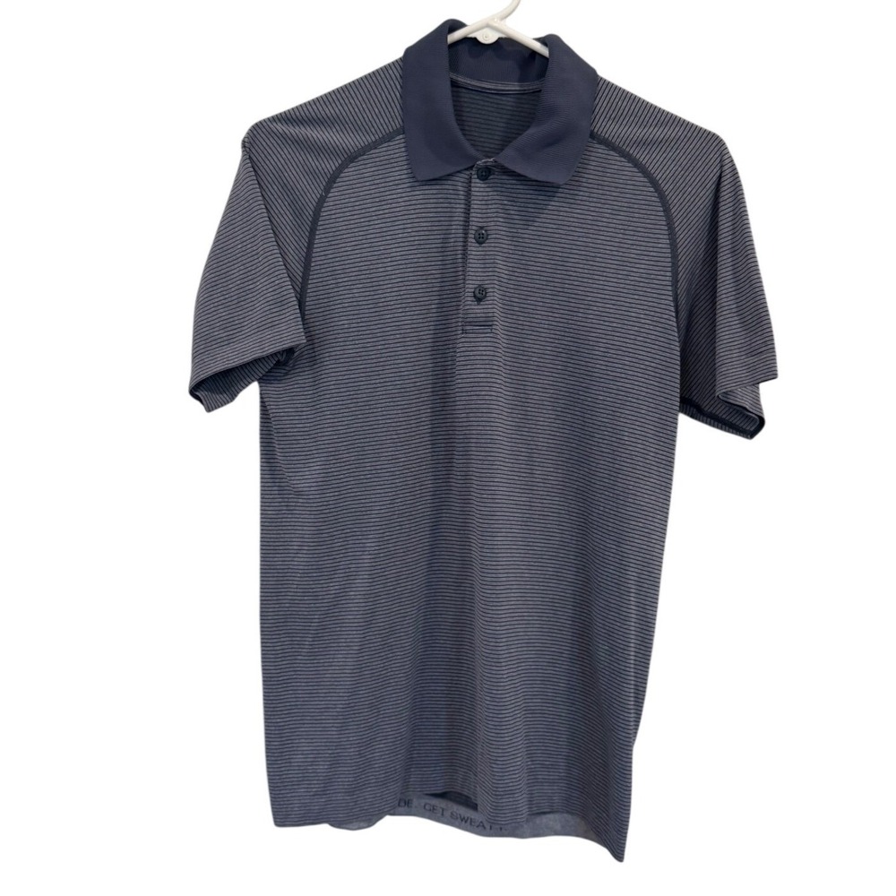 Lululemon Metal Vent Tech Polo Shirt Mens Blue Gray Striped Short Sleeve Small